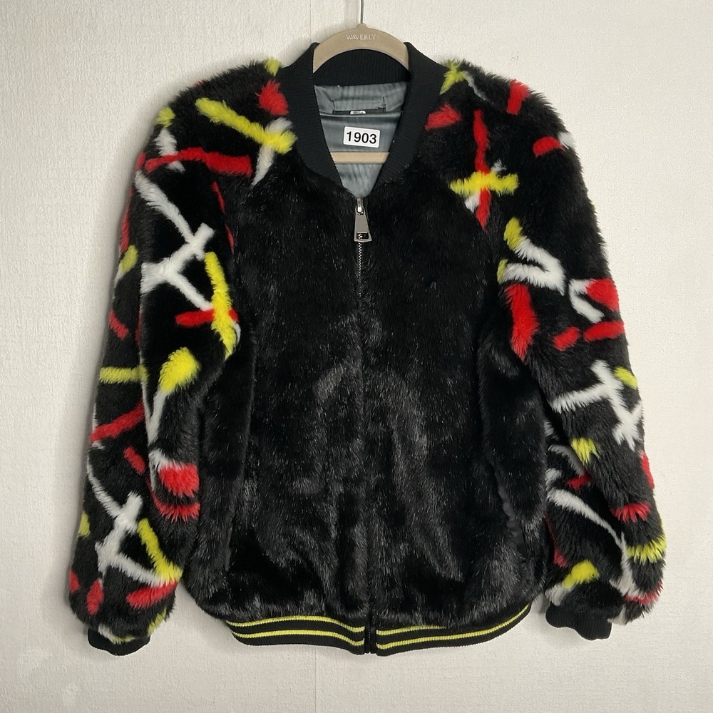 HEUREAH Real People Faux Fur Graphic Bomber Jacket Size Large Multicolor Pockets - Picture 6 of 13